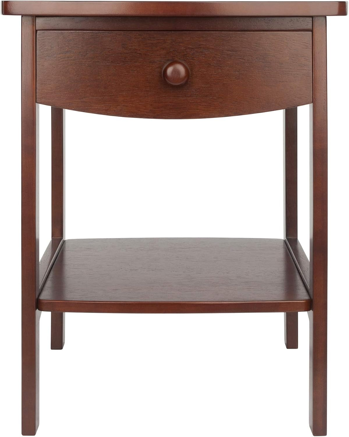 Front view of walnut finish end table highlighting curved drawer front, round pull and lower shelf