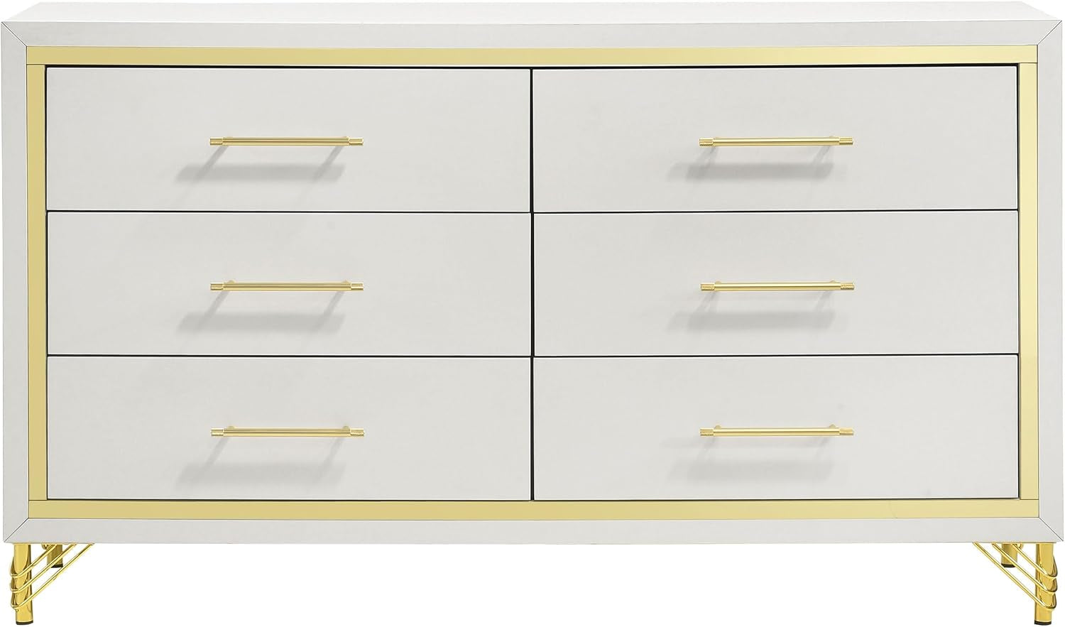 Front-facing full view of a six-drawer white dresser with gold border, matching gold handles and legs