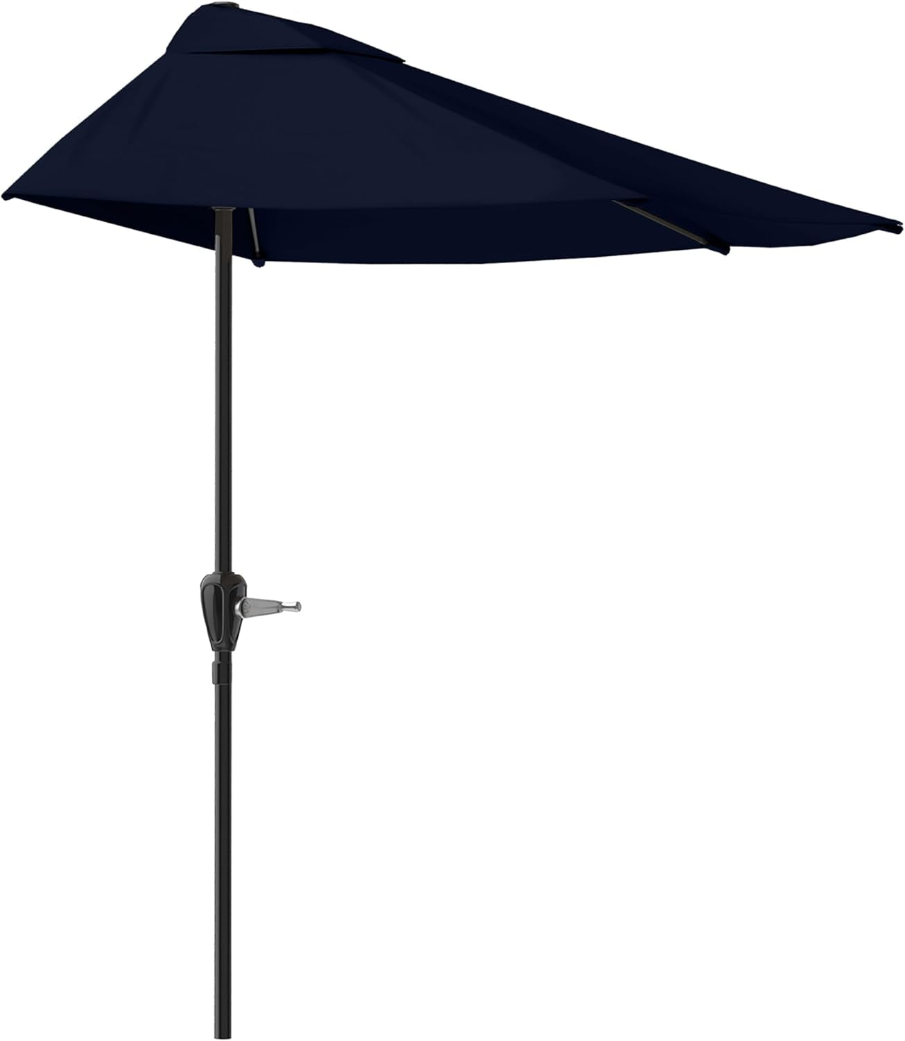 Navy blue half-round patio umbrella angled front view showing crank handle and pole
