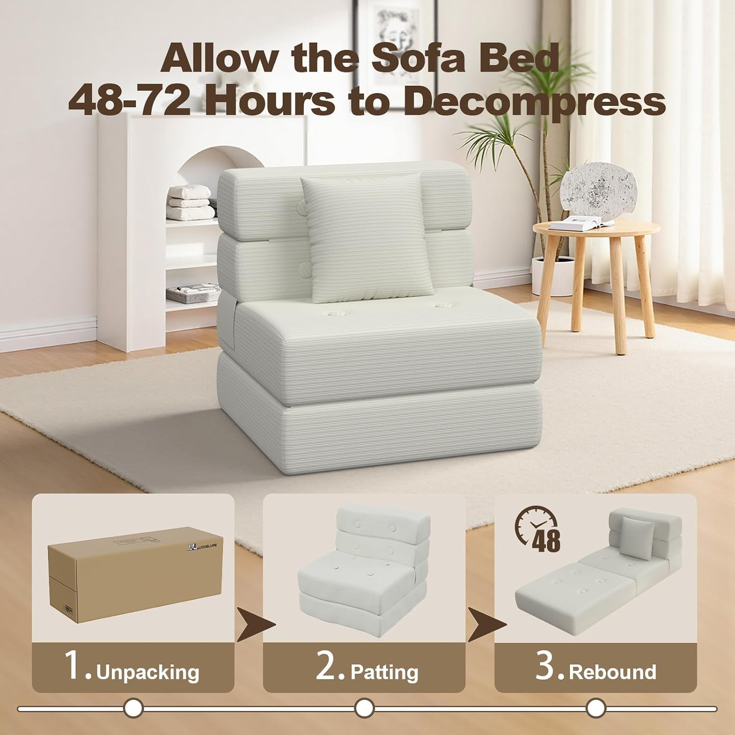 Single cream folding sofa displayed in a bright room with three-step unpacking and patting icons beneath it.