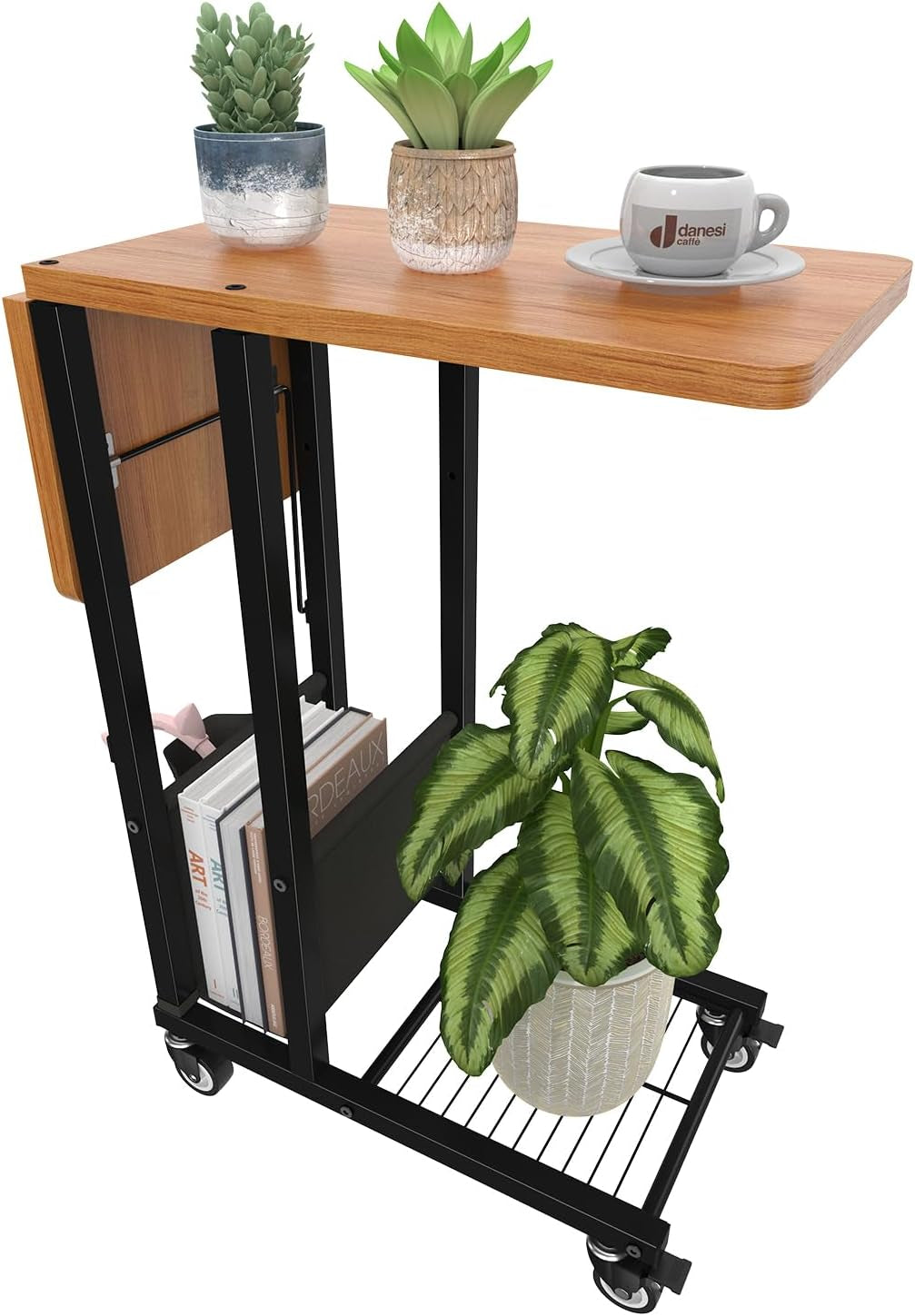 Isolated view of the C-table showing folding top, lower shelf, and four caster wheels with plants and books.