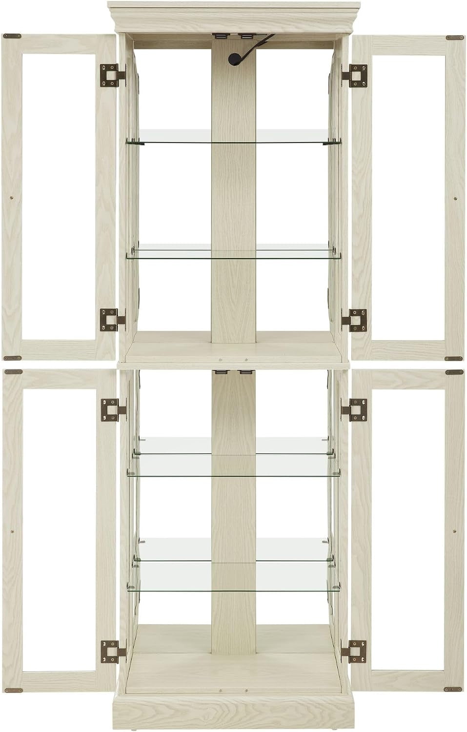Straight-on shot of the cabinet with all four doors open, showing three adjustable glass shelves inside each section and