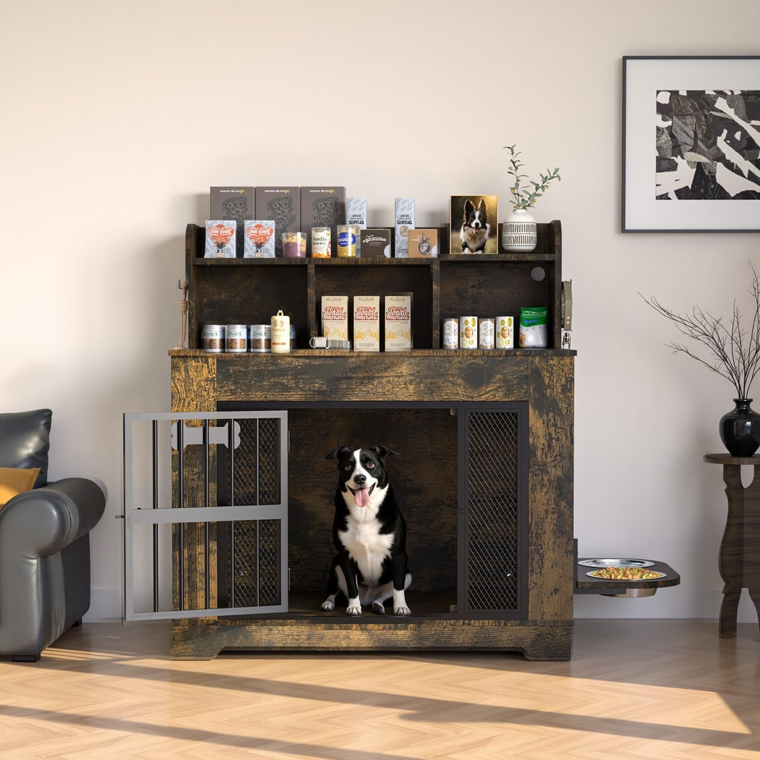Styled room scene showing the crate with its door open, a sitting black-and-white dog, top shelves stocked with pet items