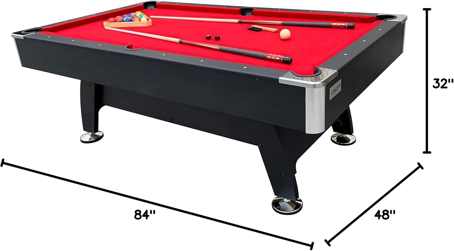 Angled view of a black pool table with red felt and dimension arrows labeled along length, width, and height.
