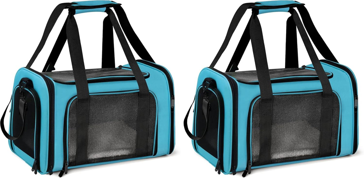 Two identical soft-sided pet carriers side by side in turquoise blue showing mesh sides, top zipper and shoulder straps.