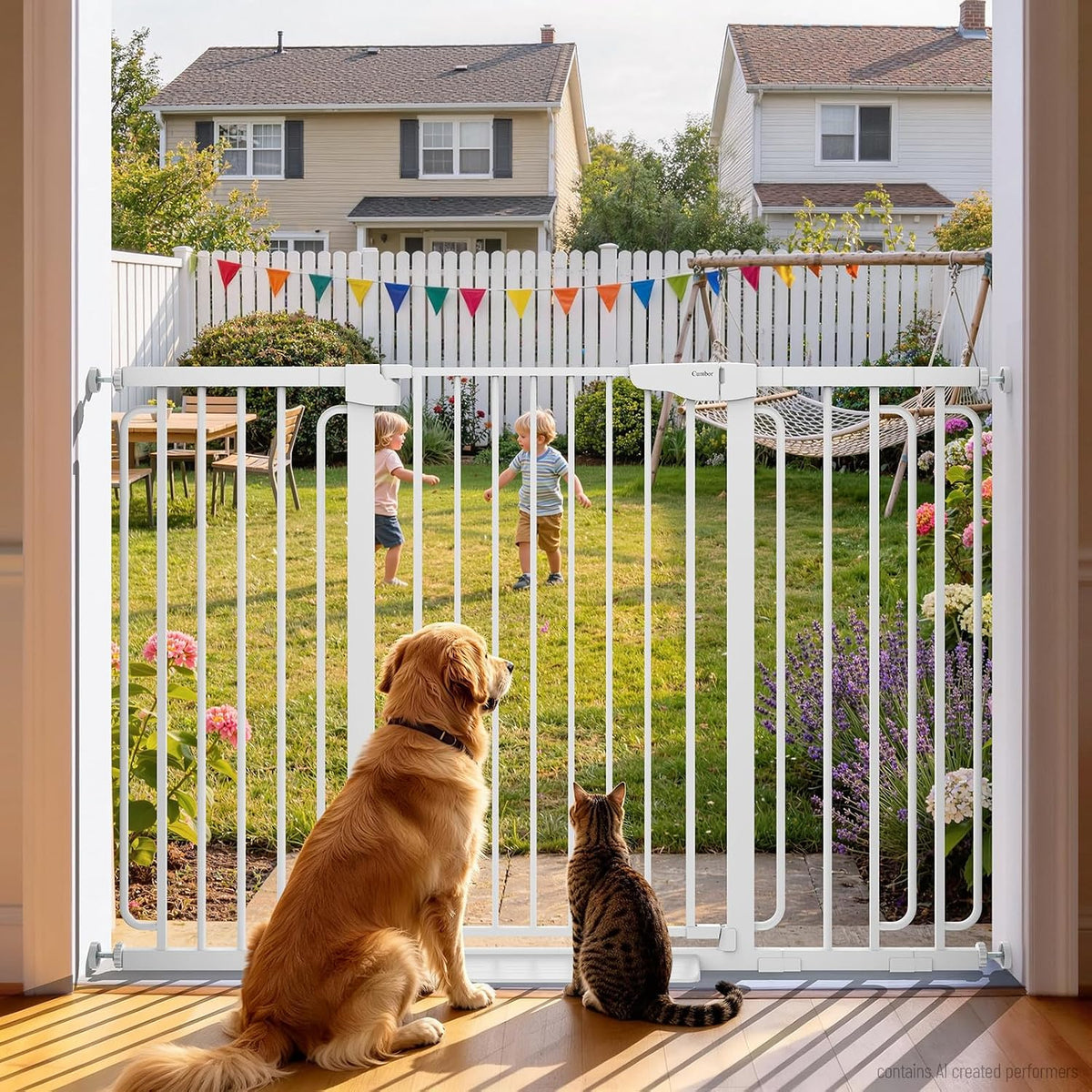White safety gate at a door threshold with a dog and cat inside looking out at children playing in the yard