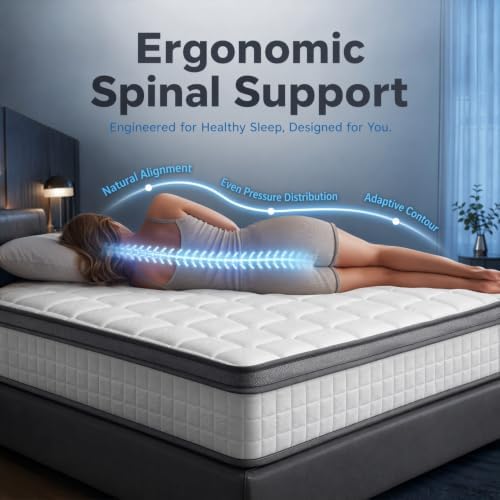 White mattress shown in side view with a digital overlay illustrating ergonomic spinal alignment for side sleeping