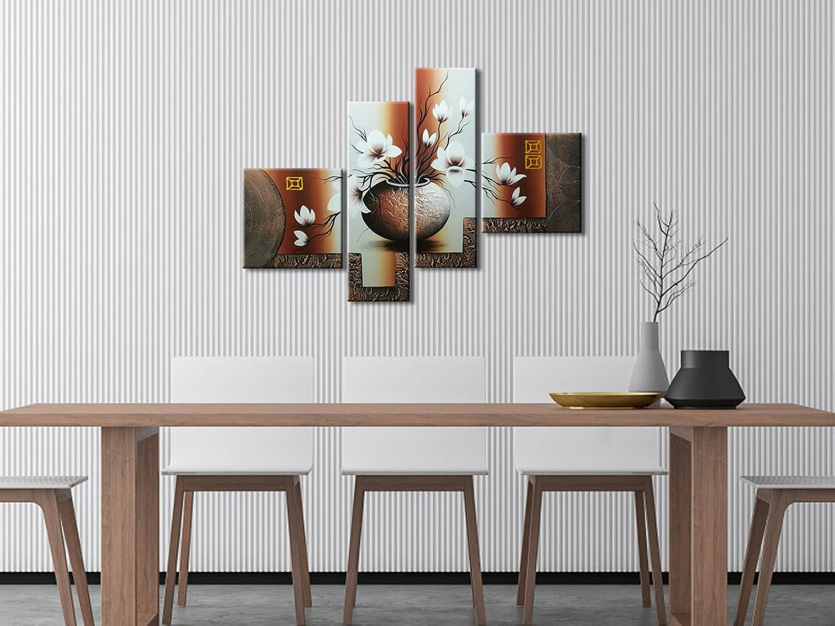 Dining room with a wooden table and minimalist vases, four-panel floral canvas art mounted on a vertically striped wall