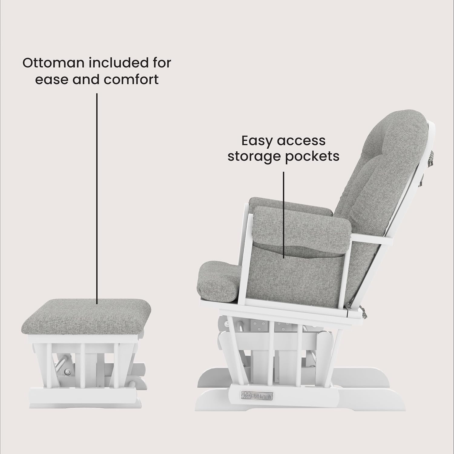 Side profile of the glider and ottoman on a pale background showing storage pocket on the chair
