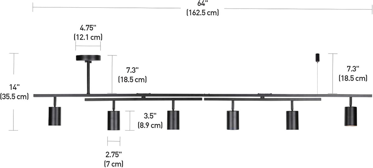 Technical diagram showing 64-inch overall length and labeled measurements for the 6-light track fixture