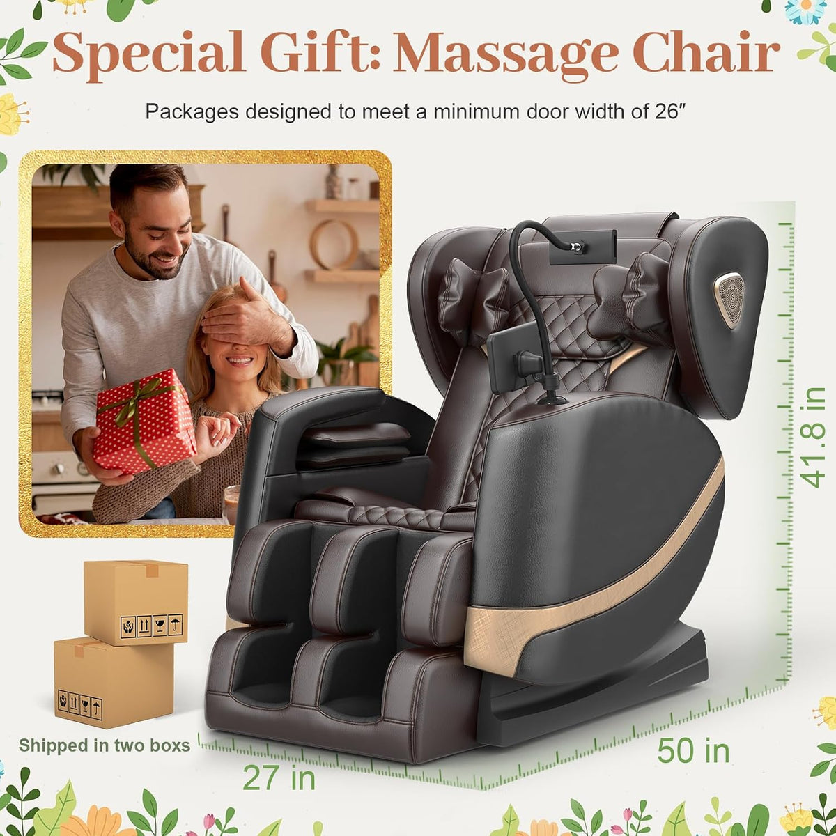 Brown massage chair angled front-right with package boxes and visible ruler graphics indicating size