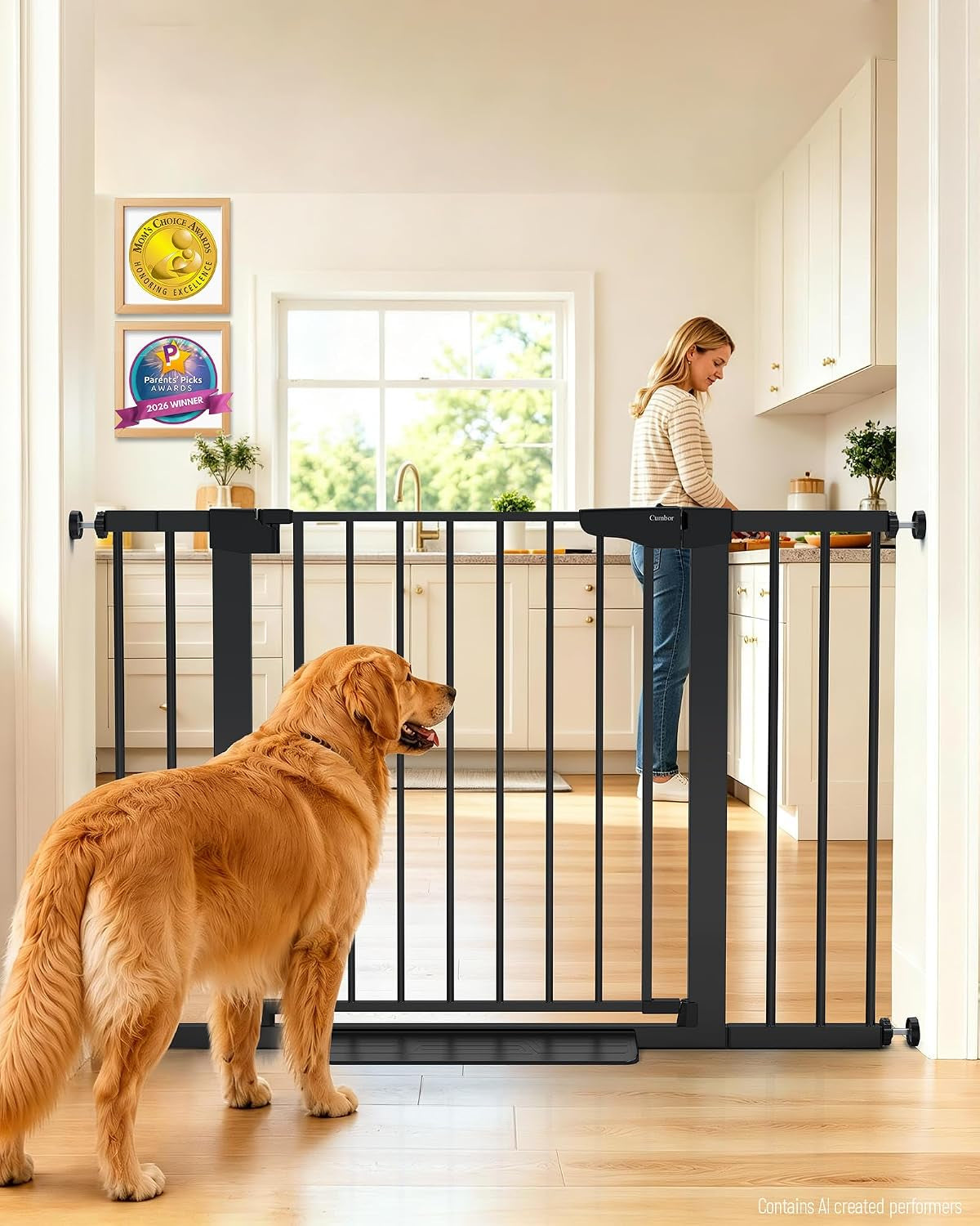 Black pressure-mounted safety gate across a kitchen doorway with a golden retriever on one side and a woman cooking beyond