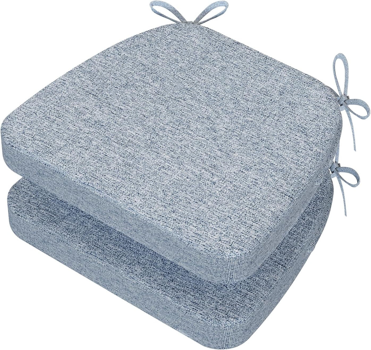 Two light blue D-shaped chair cushions stacked, showing textured tops and tied loops at the side.