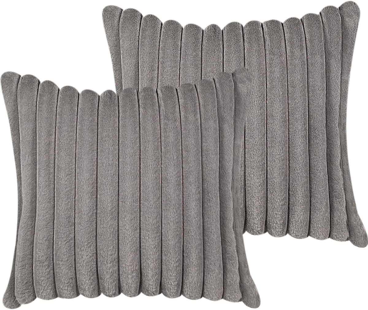Two square grey faux-fur pillow covers with vertical corded pleats overlapping slightly