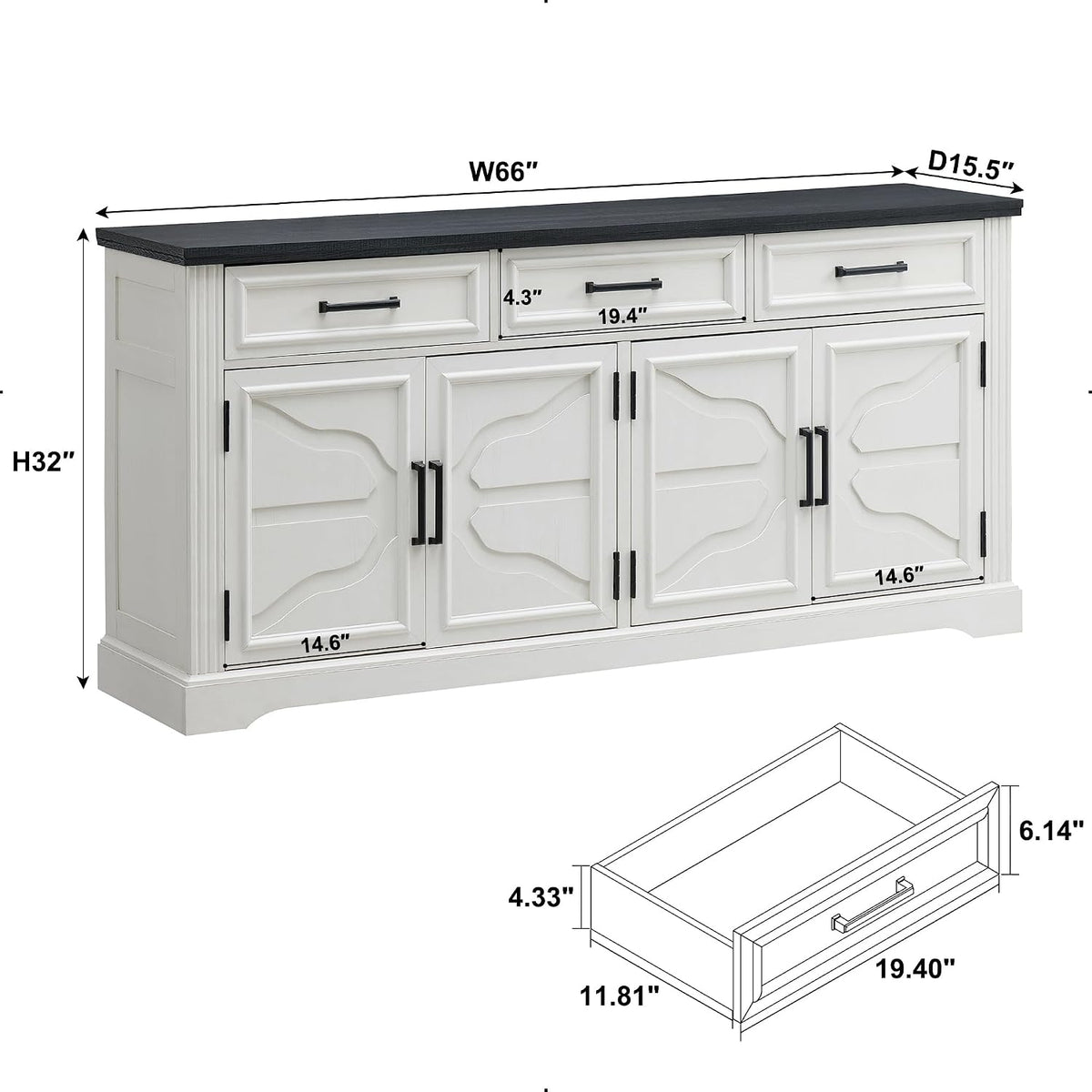 Graphic diagram of the 66-inch sideboard showing tabletop length and a drawer illustration with dimensions