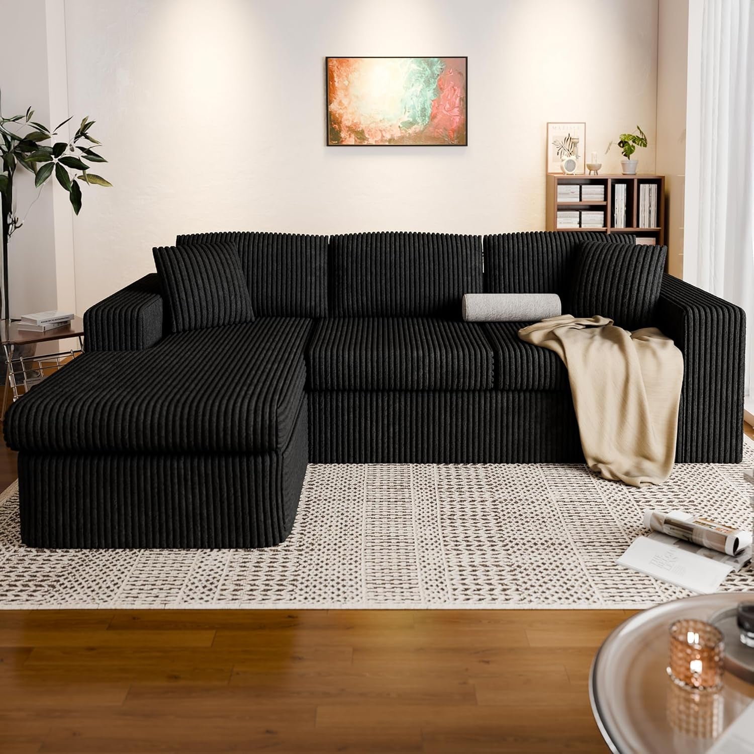 105" Boneless Couches for Living Room, Sectional Couches Modular Sofa with L-Shaped Chaise, Memory Foam Comfy Cloud Couch with Plush Corduroy Fabric, No Assembly Required, Black