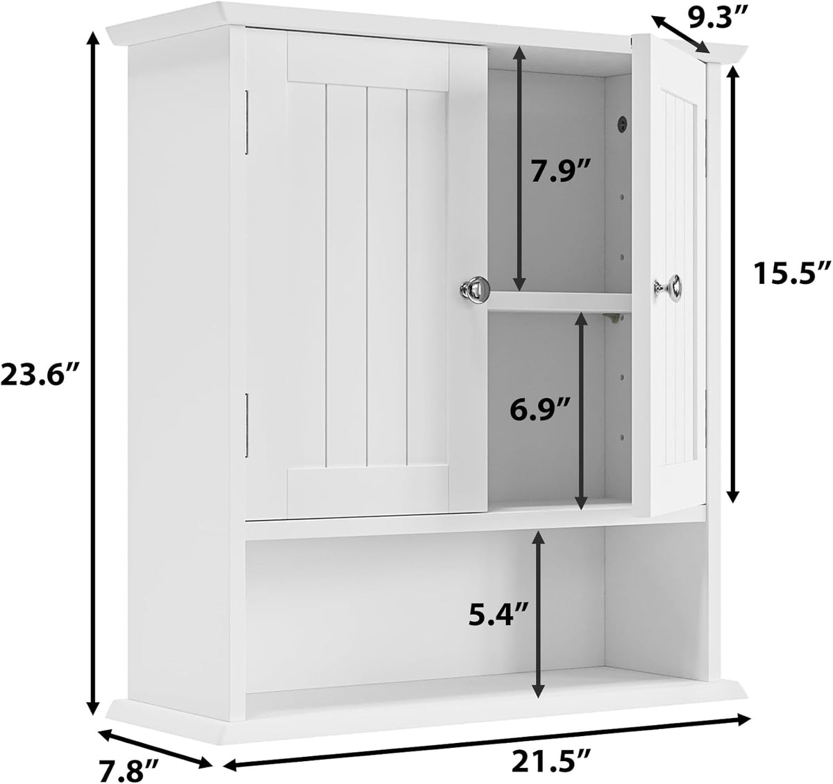 White cabinet front with black measurement arrows indicating interior and overall dimensions.