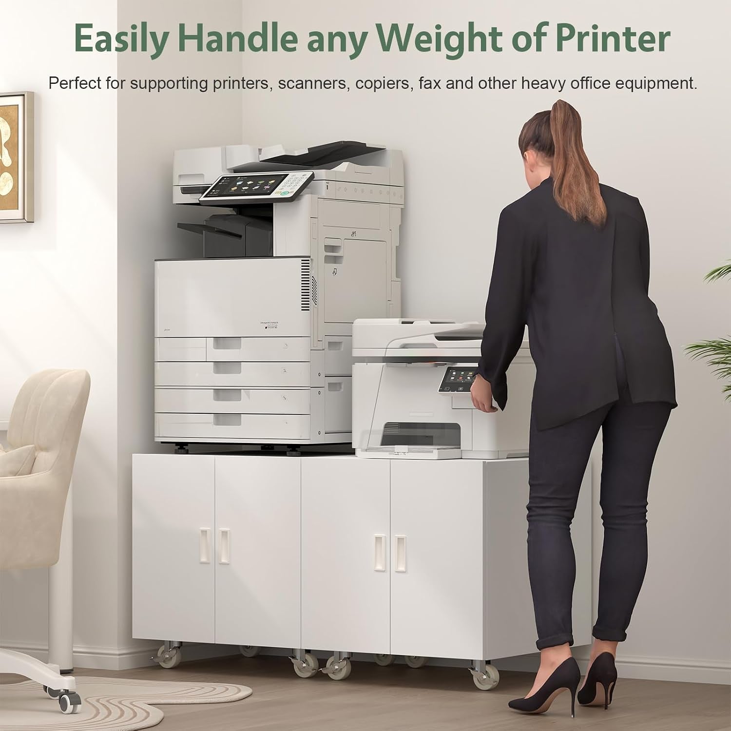 White rolling printer stand in an office with a person placing a large printer on top to show equipment support