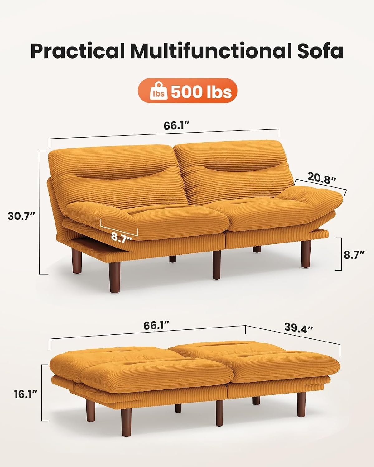 Front three-quarter view of the futon with dimension overlays showing sofa and flat positions