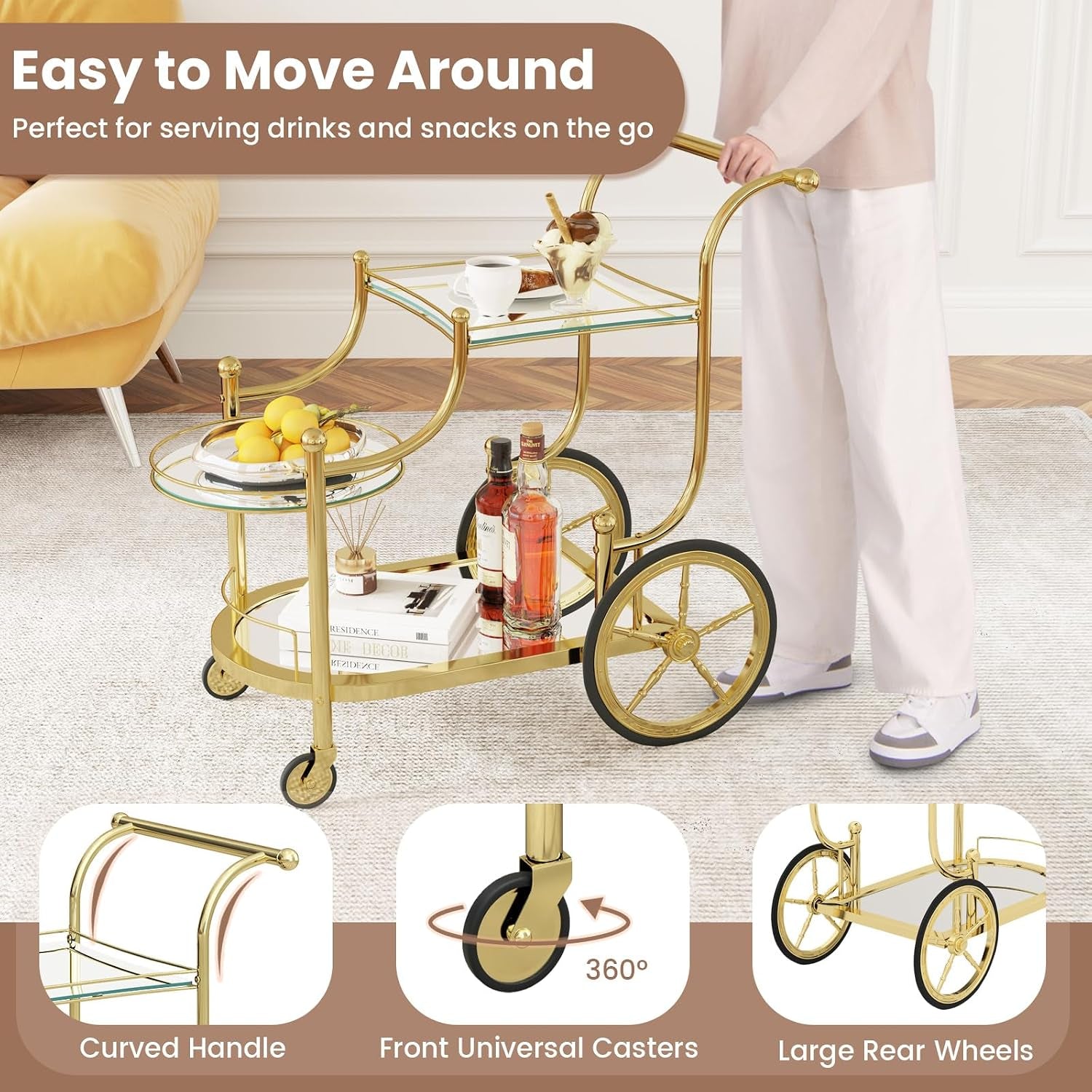 Person pushing a gold serving cart with drinks and fruit, inset icons show handle, caster and wheel details