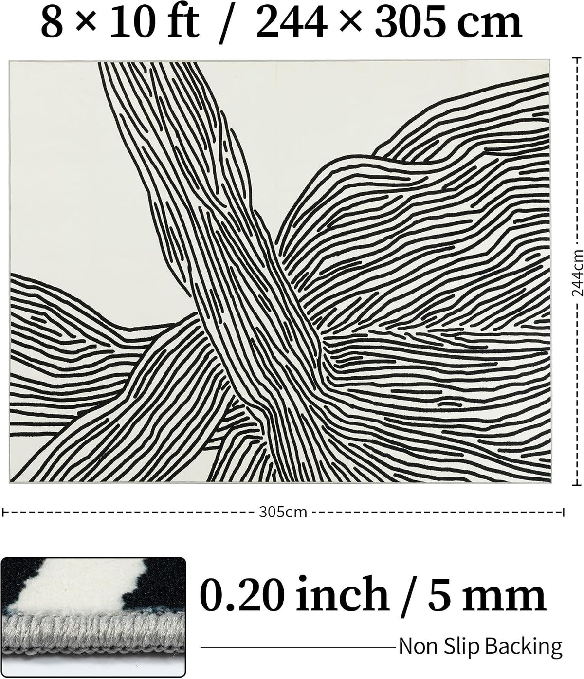 Top-down diagram of the rug showing 8 × 10 ft layout with measurement markings and a close-up of the rug edge
