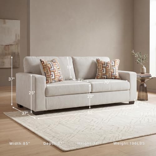85-inch chenille sleeper sofa front view with dimension callouts showing width, depth and height measurements