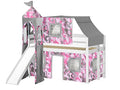 JACKPOT! Princess Low Loft Bed with Slide Pink Camo Tent and Tower, Loft Bed, Twin, White