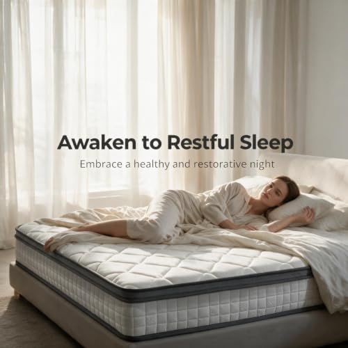 White mattress on a beige bed with pillows and light curtains, staged lifestyle scene promoting restful sleep
