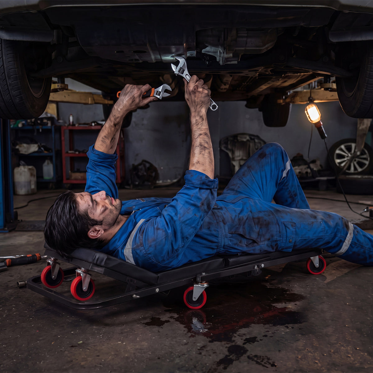 Mechanic lying on a wheeled creeper while working beneath a raised vehicle.