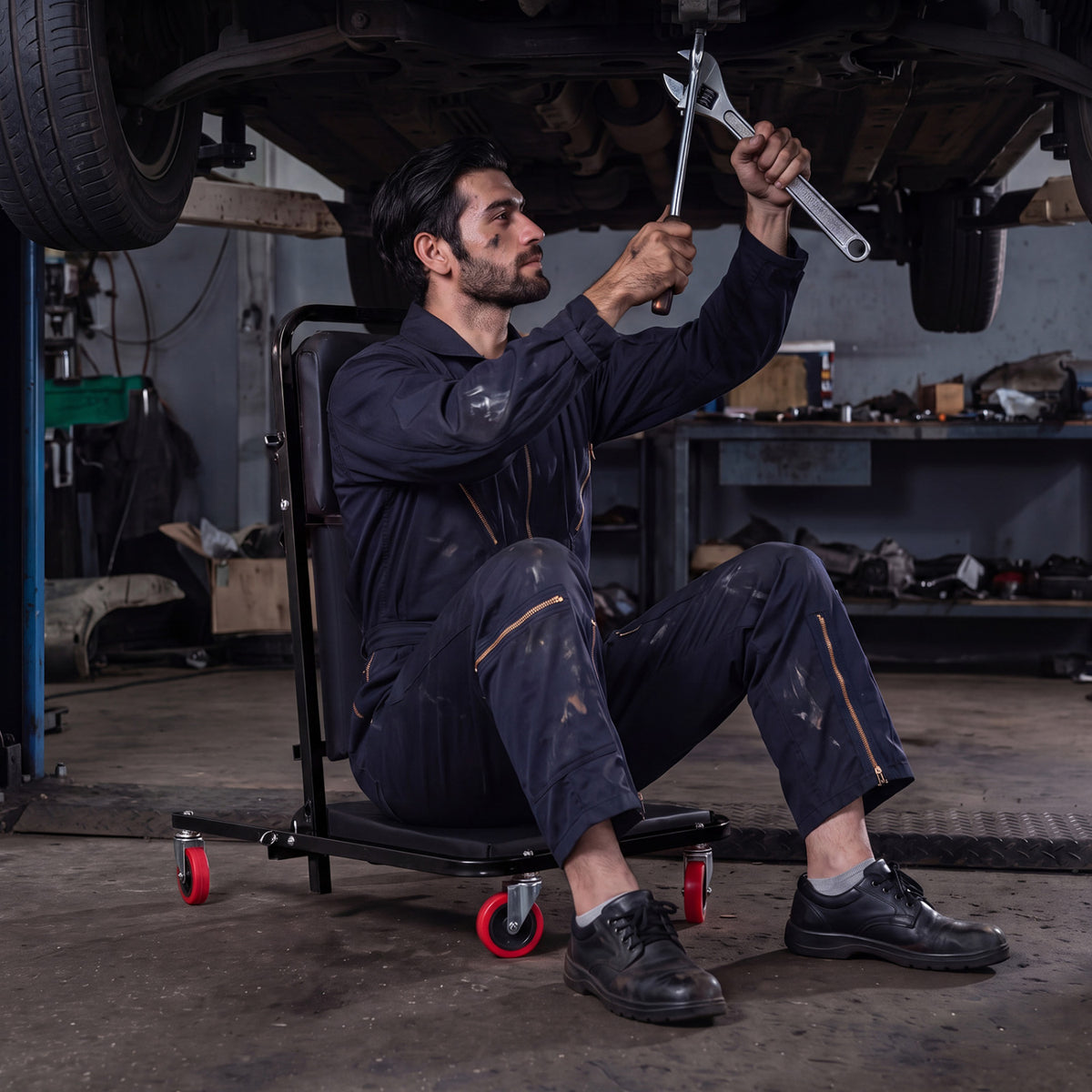 Mechanic sits upright on the wheeled creeper to work beneath a raised vehicle.