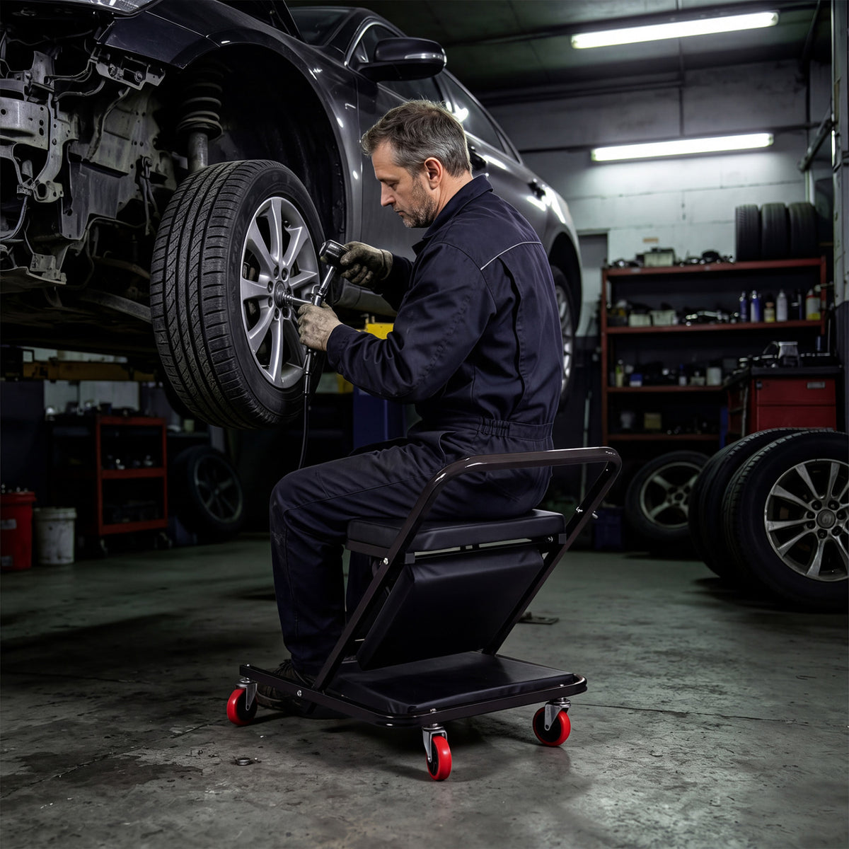 Mechanic seated on a black wheeled creeper while working on a raised car in a garage.