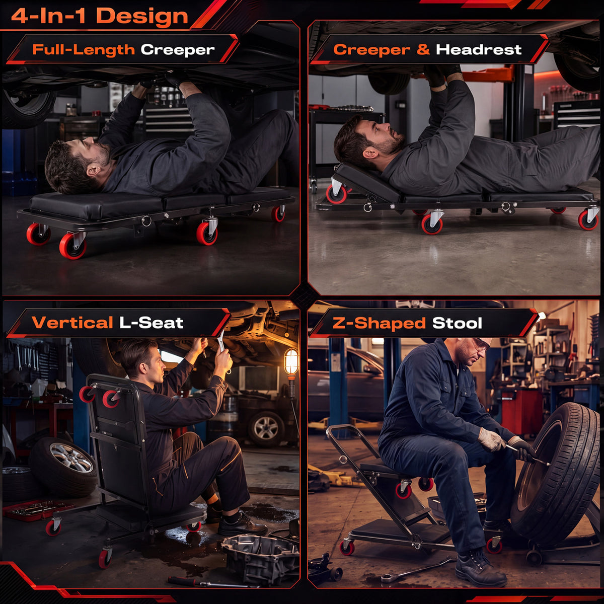 Four scenes show a wheeled creeper used flat, with a headrest, as an upright seat, and as a stool.