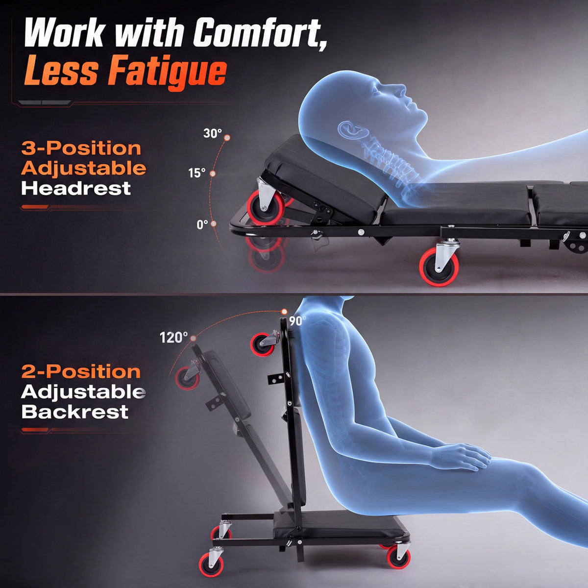 Side views show a reclining figure on the creeper and seated with its backrest raised.