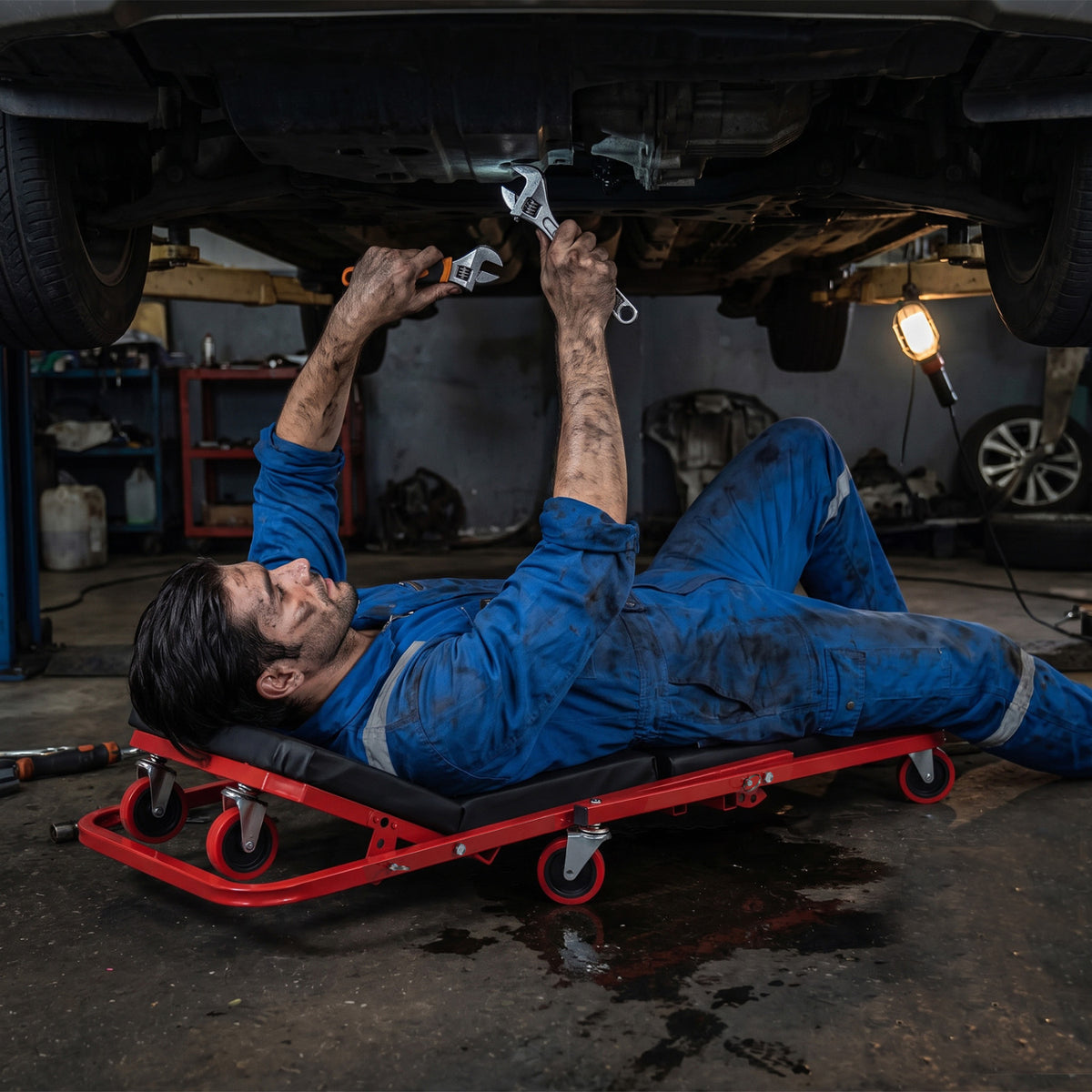 Mechanic lies on a red wheeled creeper beneath a raised vehicle, reaching up with tools.