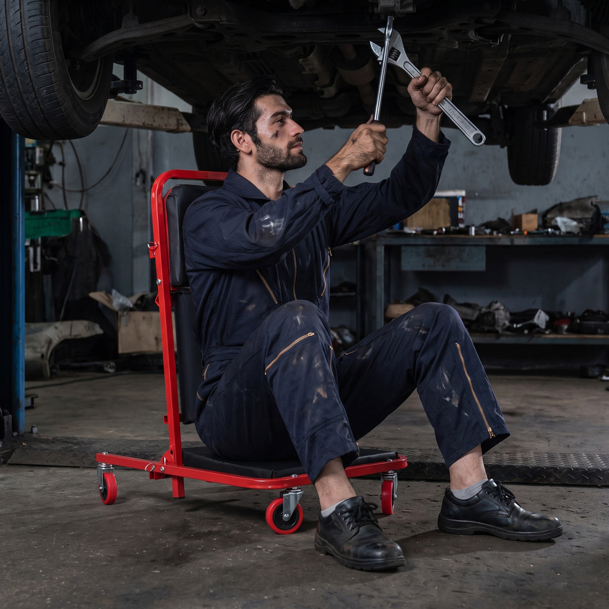 Mechanic sits upright on the red wheeled creeper beneath a raised vehicle and works overhead.