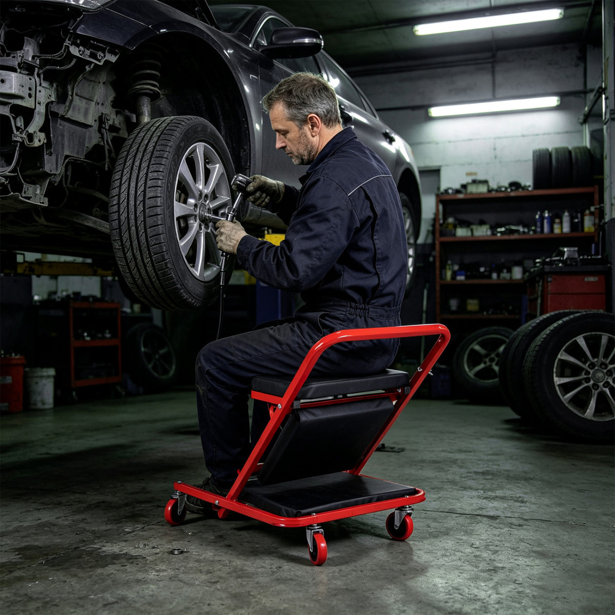 A mechanic sits on a red wheeled creeper stool while working on a raised car.