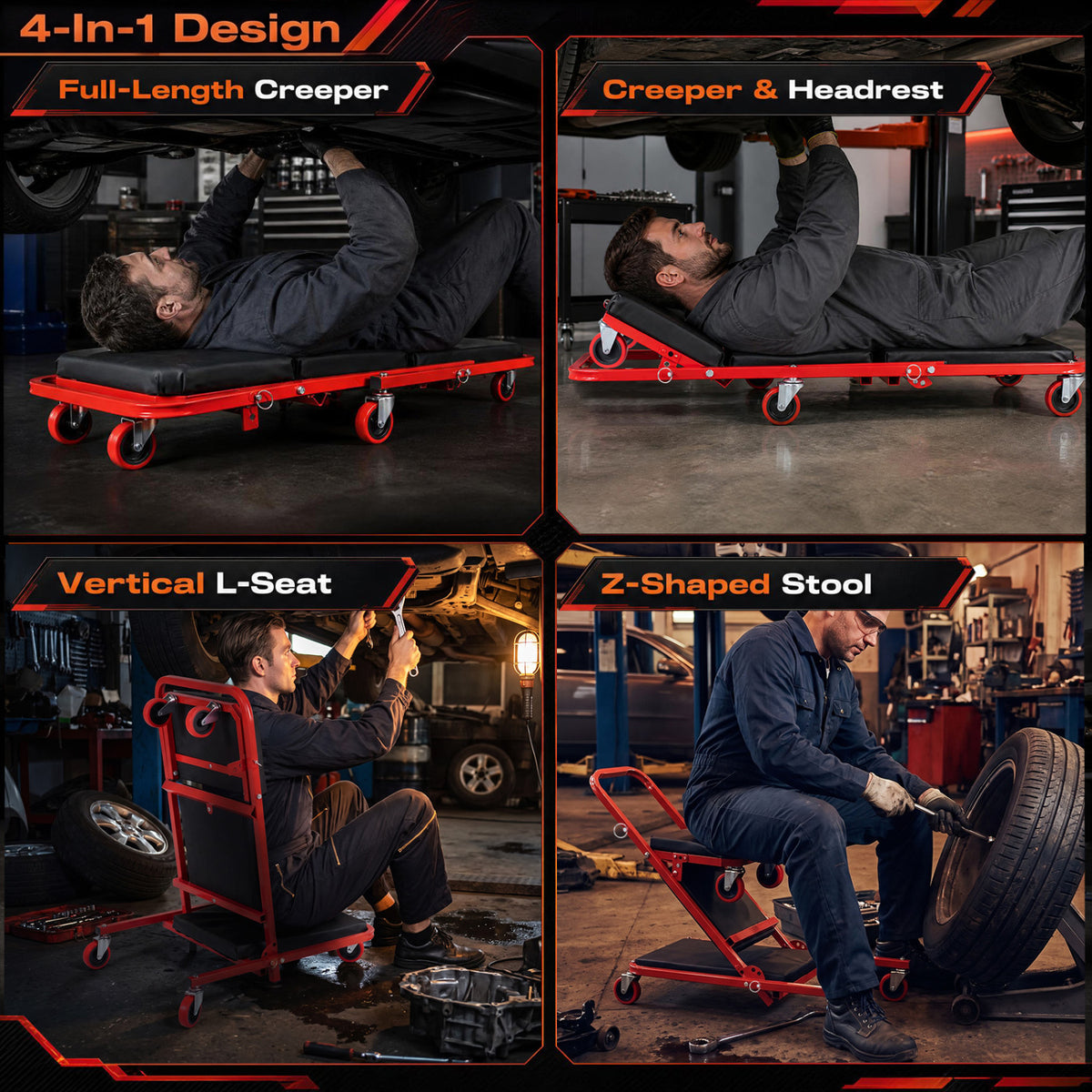 Four views show the red wheeled creeper used as a low bed, headrest creeper, upright seat, and stool.