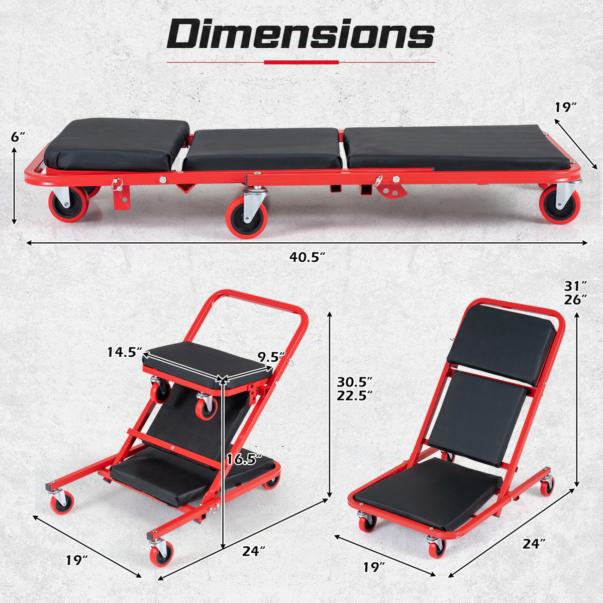 Dimension graphic shows the creeper flat and in two upright configurations with measurement arrows.