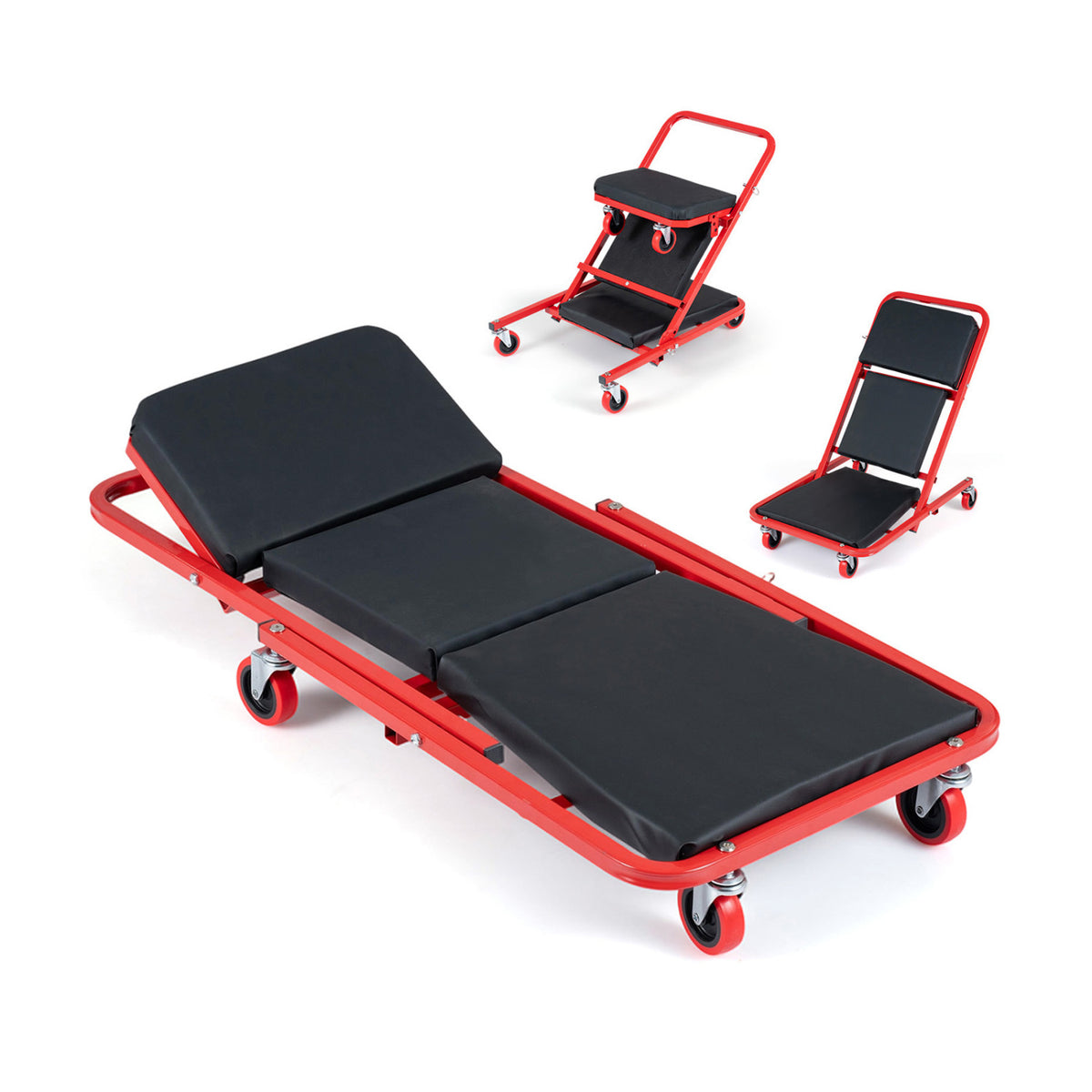 Red wheeled mechanic creeper shown flat, with three black padded sections and two folded positions inset.