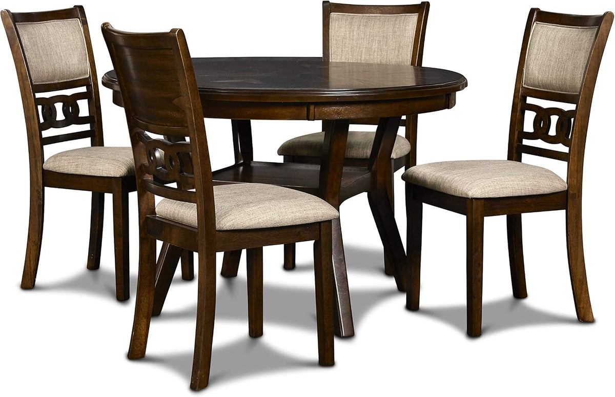 Round wooden dining table with four beige-upholstered chairs, dark wood finish.