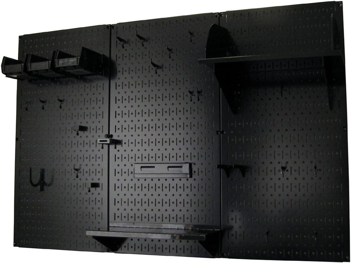 Three connected black pegboard panels shown empty with mounted shelves, bins and assorted hooks.