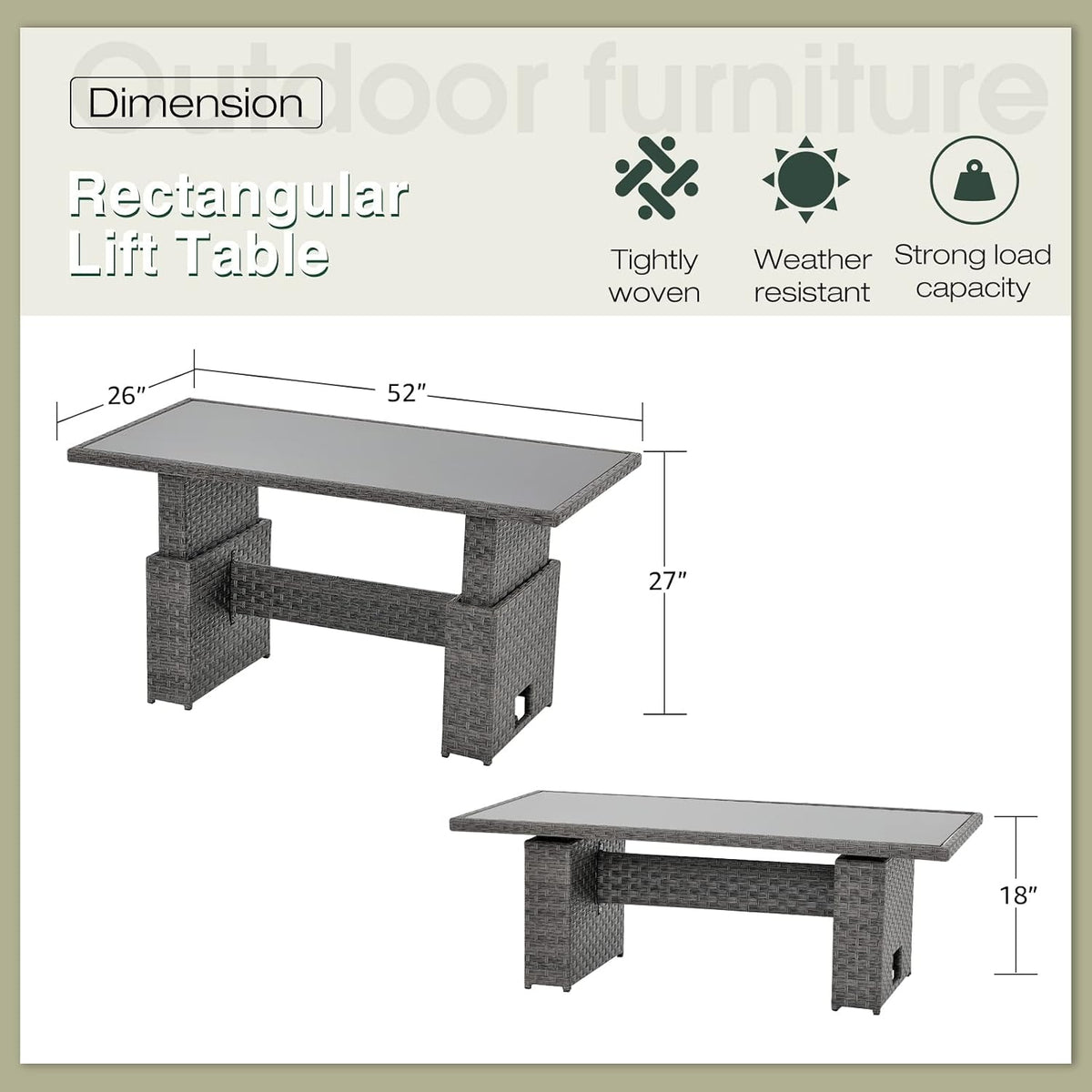 Rectangular lift-top table diagram showing 26 x 52 in tabletop and 18–27 in height range measurements