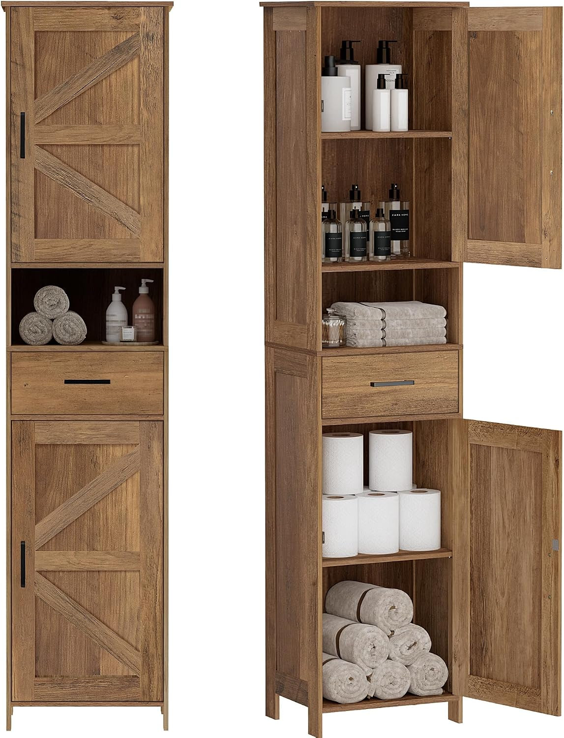 Warm wood-tone tall cabinet shown closed at left and open at right with stacked towels, toilet paper and drawer