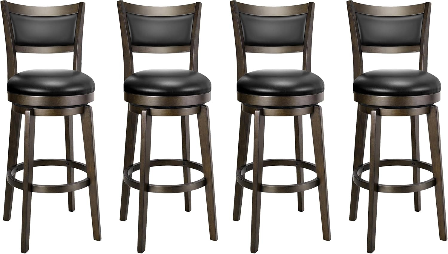 Four black faux-leather swivel bar stools with dark wood frames lined up on a white background.