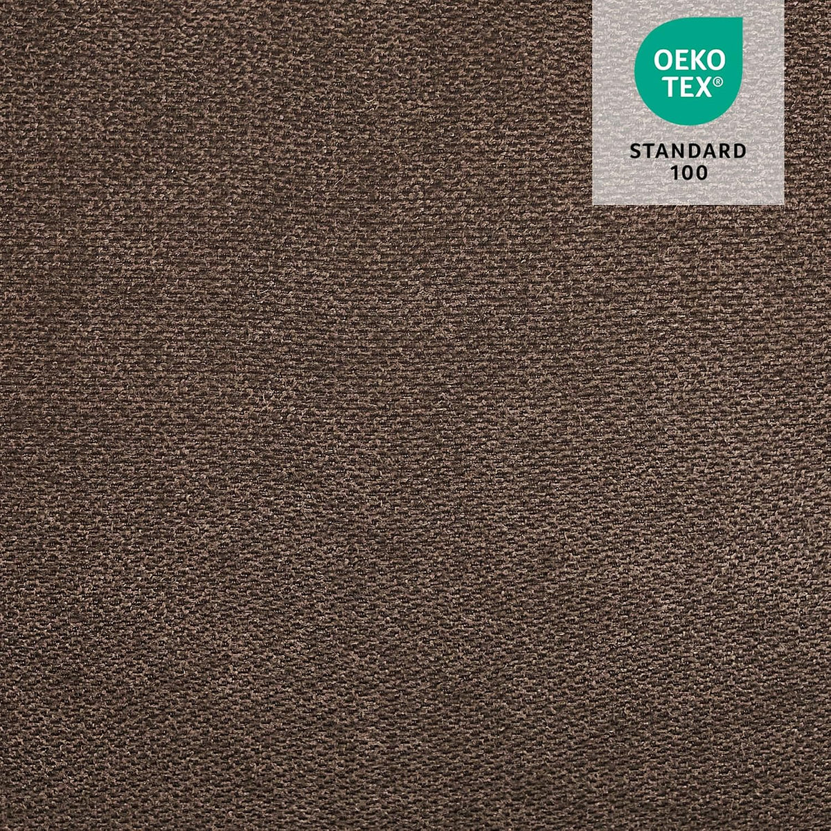 Tight brown woven fabric texture swatch shown full-frame with a certification badge in the corner