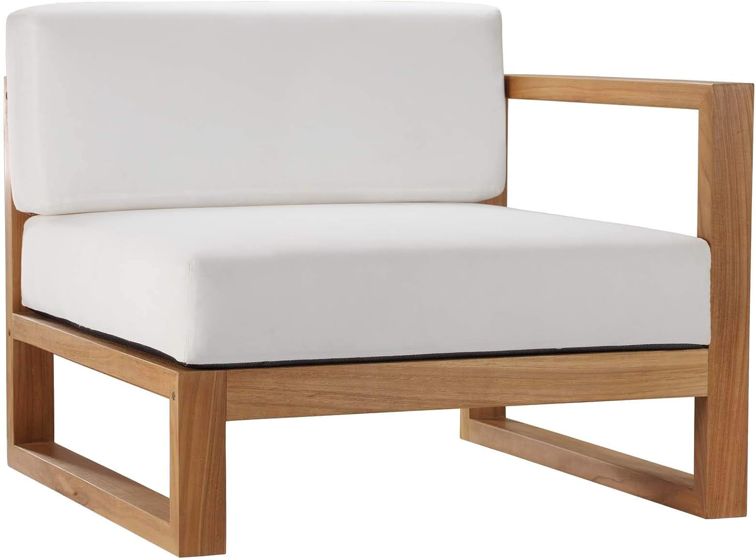 Right-arm teak chair with white cushions, angled front view showing arm and seat