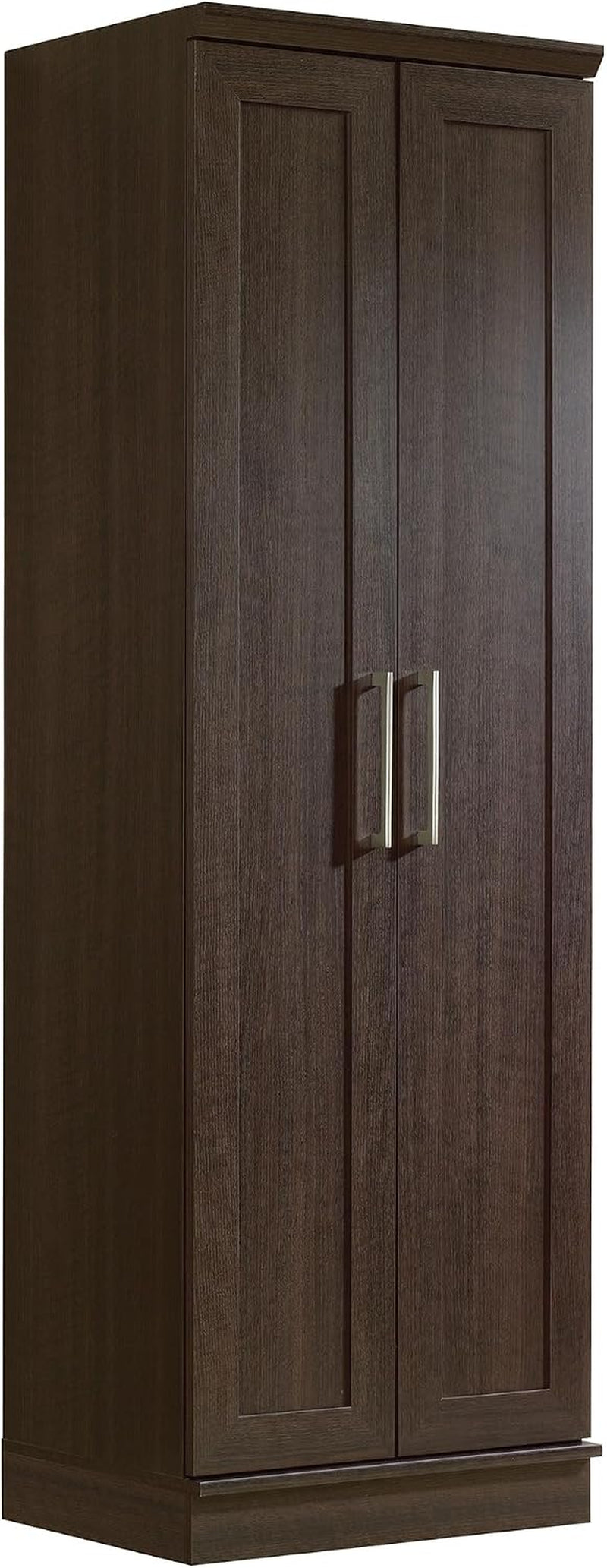 Dark brown tall storage cabinet front view with closed framed panel doors and metal handles.