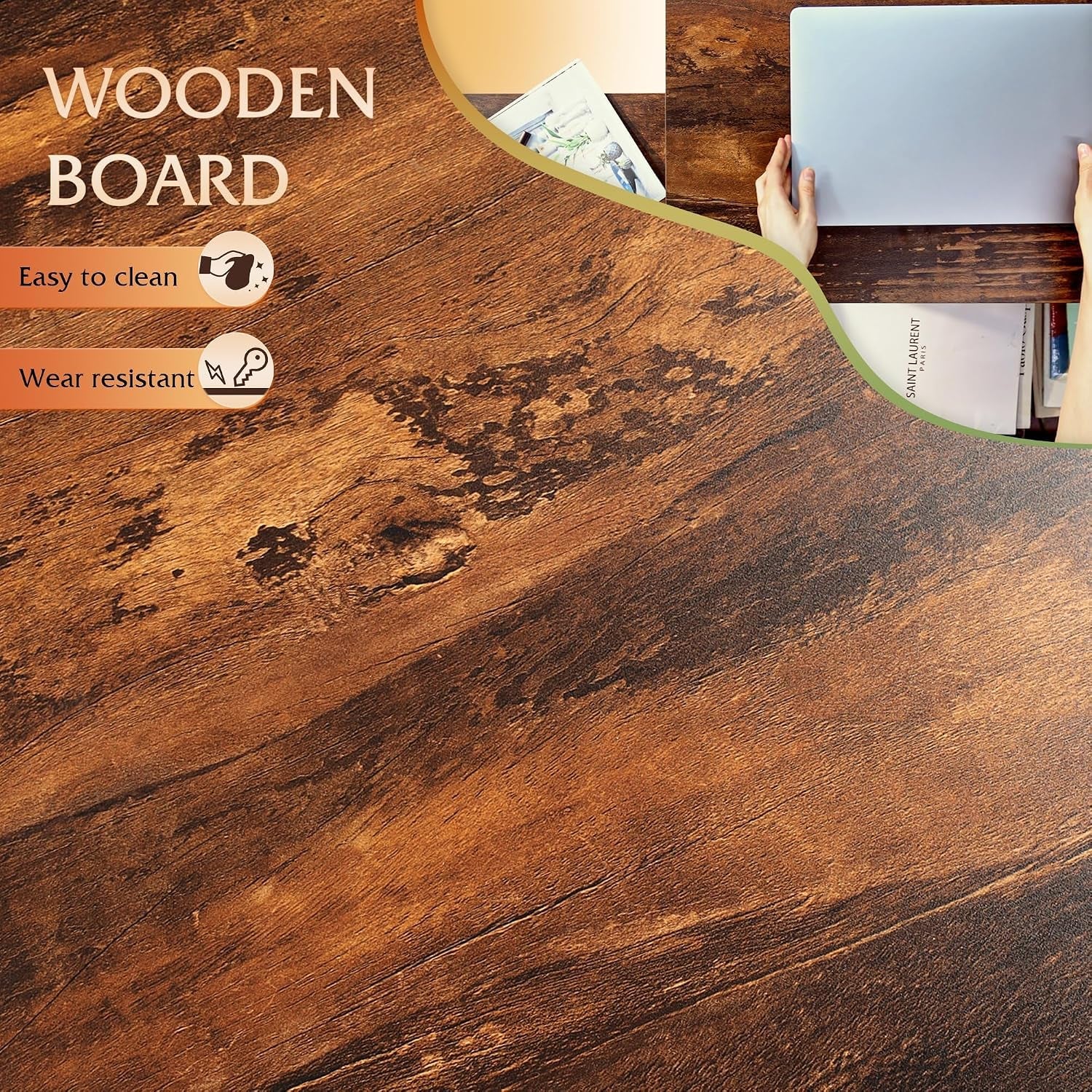 Close-up of the table's brown wood-grain surface showing textured, weathered finish.