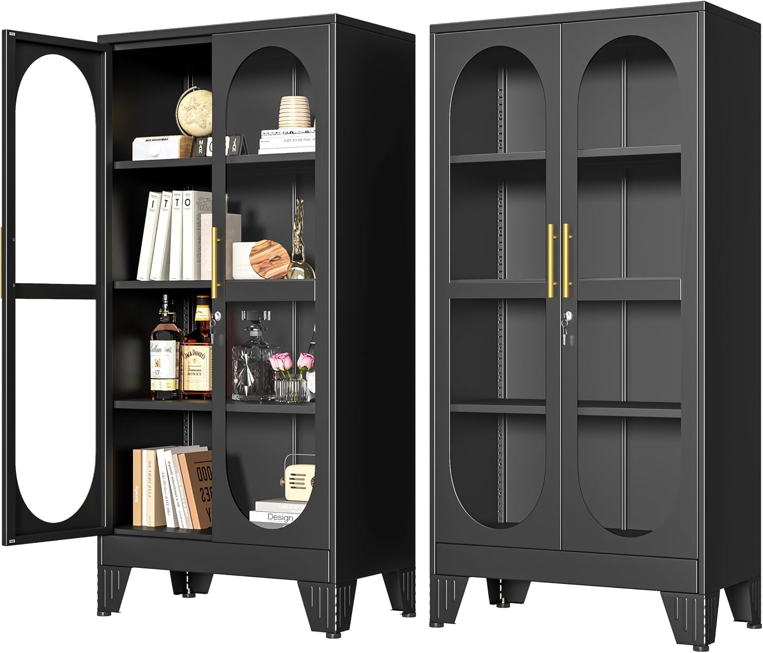 Two black display cabinets against white background, one door open exposing arranged bottles and books