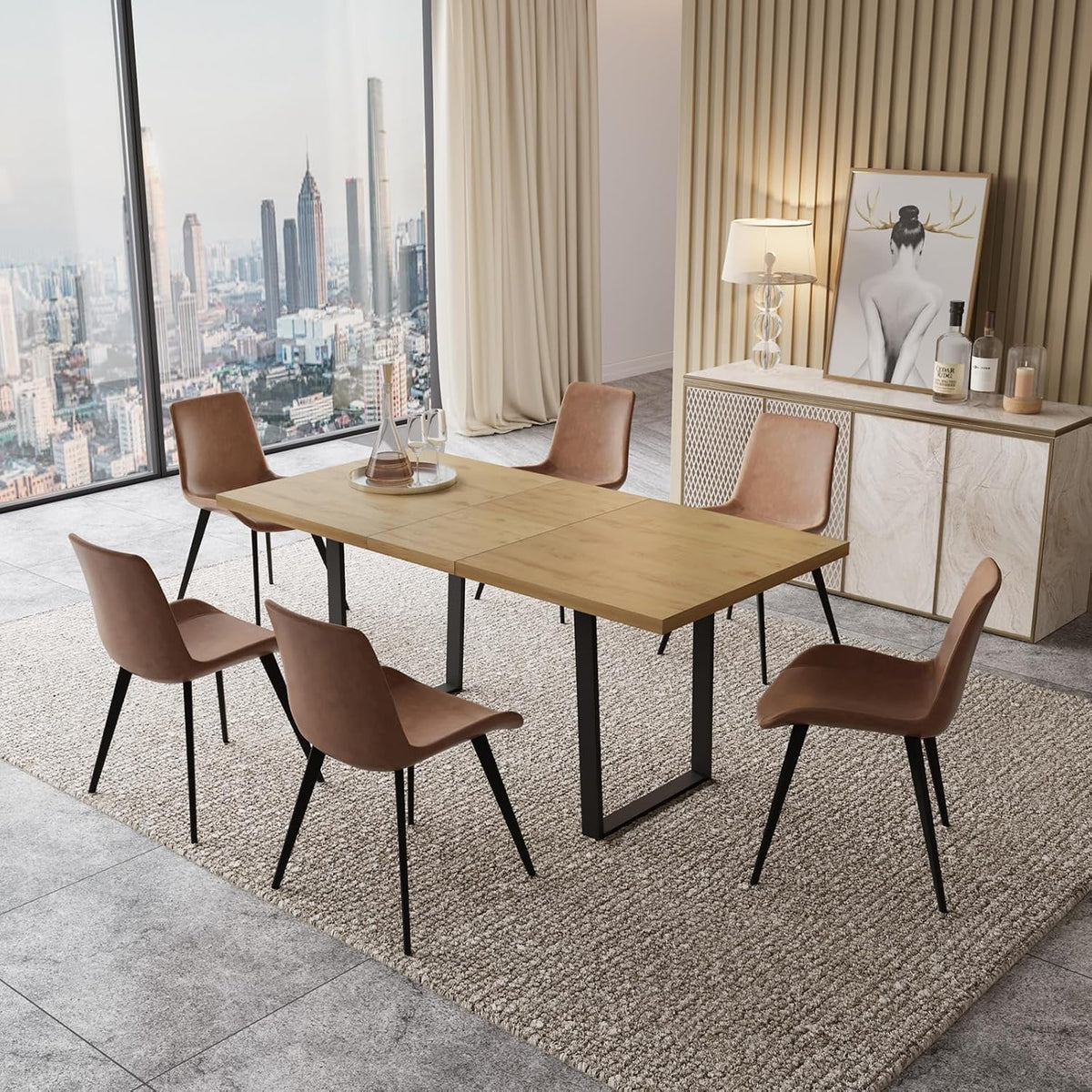 Seven-piece dining set with tan PU chairs around a light wood rectangular table in a high-rise room.
